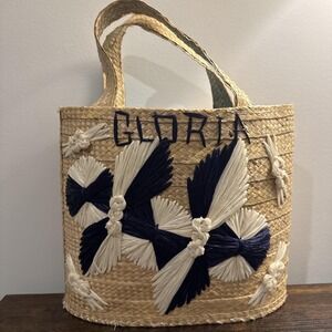 VTG 50s 60s Straw Raffia Blue White Flower Beach Bag Tote Purse Floral Carryall